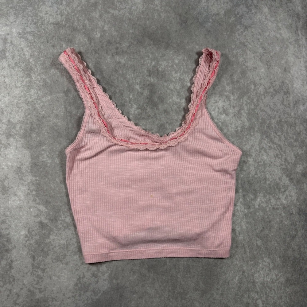 Aerie Real Good Pink Ribbed Lace Trim Cropped Tank Top Size M Cami Coquette